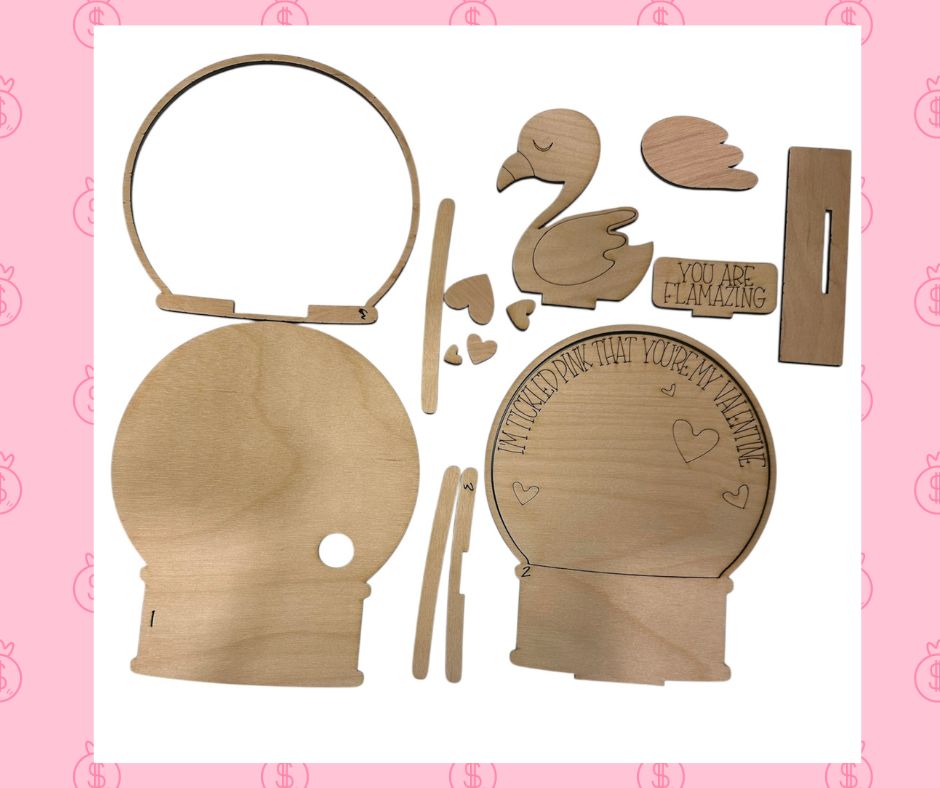 DIY Laser Cut Wood Kit/Pink Flamingo Valentine's Snow globe DIY Kit